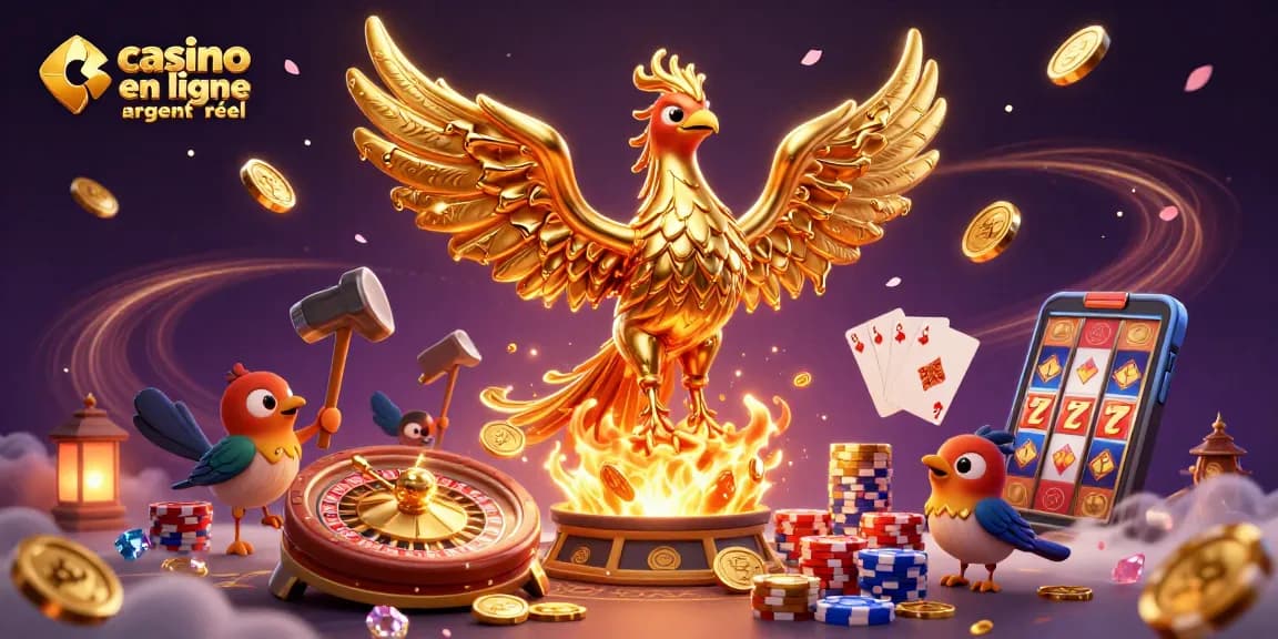 Profitez des jeux dans un casino en ligne argent réel avec un phénix doré et des jetons colorés.