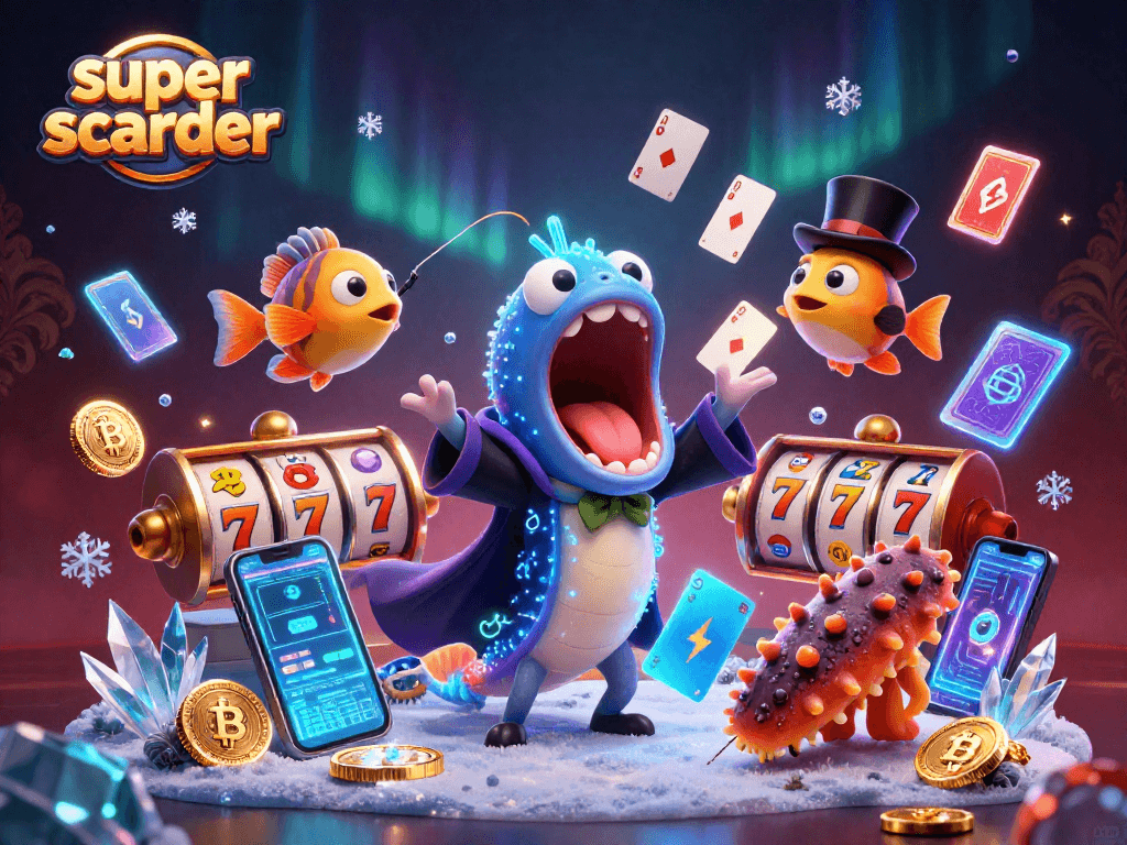 Super scatter performance depicted with a luminous eel magician amidst vibrant casino elements.