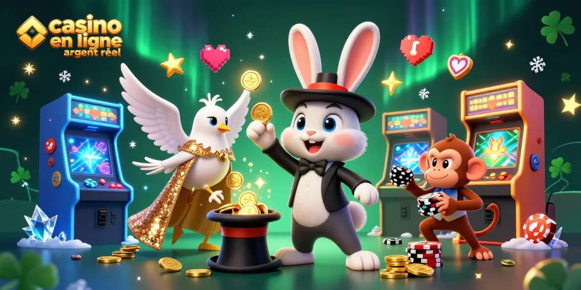 Illustration dynamique sur le thème du casino en ligne argent réel, avec un magicien et une pieuvre.