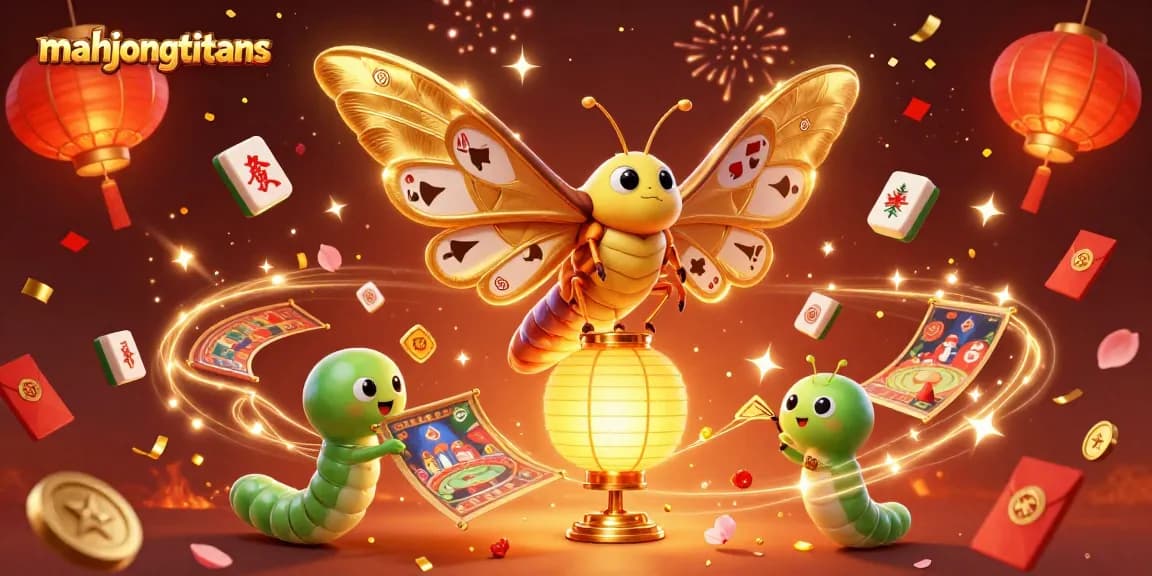 Experience the excitement of mahjongtitans with a vibrant illustration of golden-winged moths and mahjong scenes.