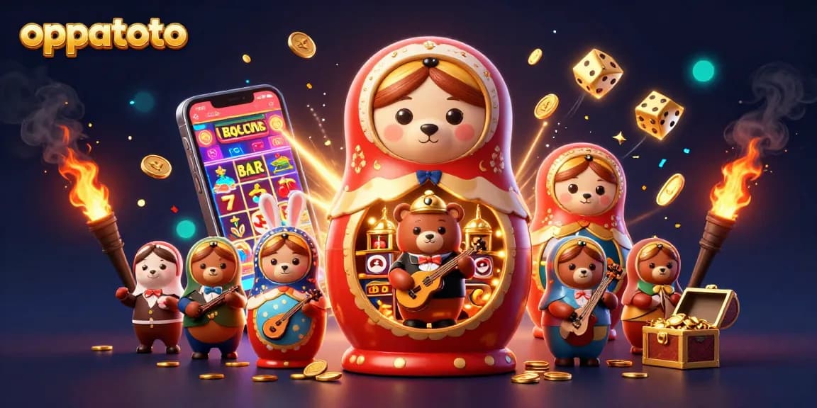 Experience thrilling jackpots with oppatoto's vibrant casino-themed illustration featuring unique characters and elements.