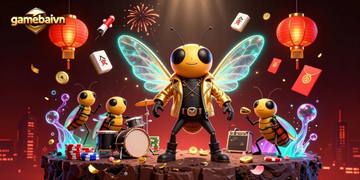 Engage in poker strategies at gamebaivn with a vibrant illustration of a cartoon cicada rock star and drummers.