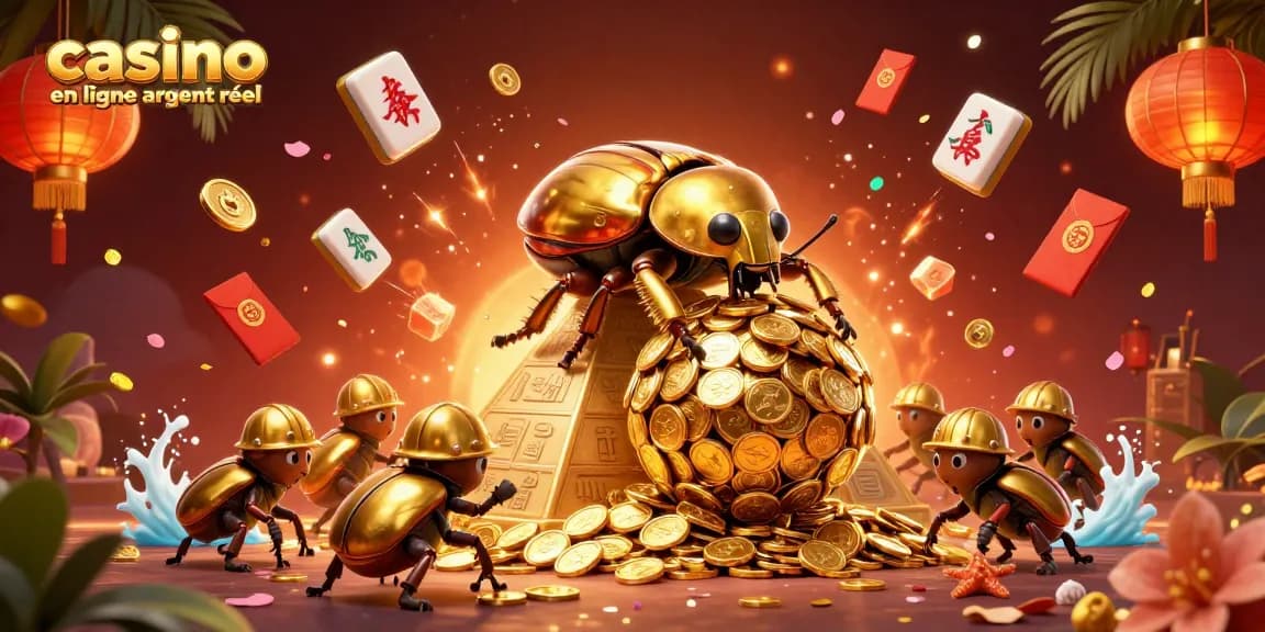 Image illustrant un casino en ligne argent réel avec des scarabées dorés et des pièces de casino.