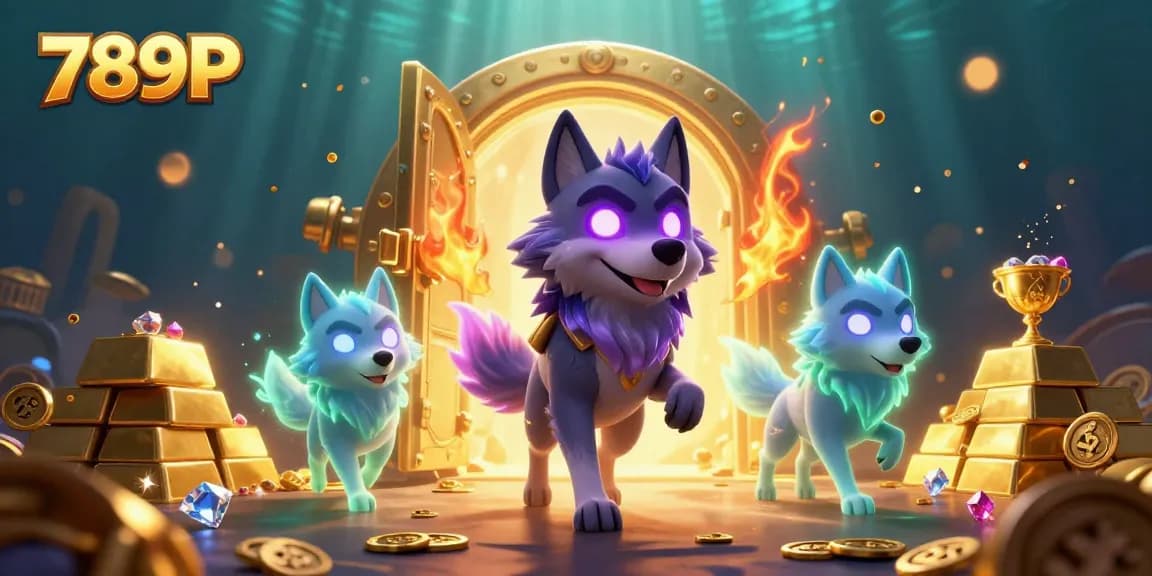 Experience thrilling gameplay at 789P, featuring enchanting 3D cartoon wolves surrounded by treasure in a vibrant casino setting.