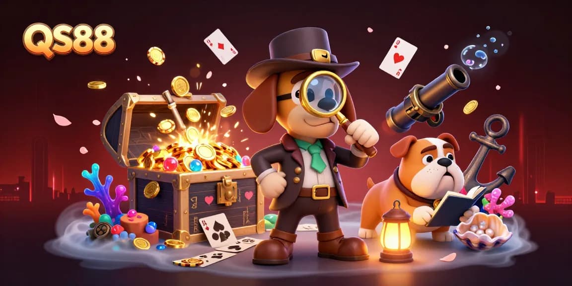 Follow the trail of clues to riches with QS88 while examining golden poker chips and treasure.