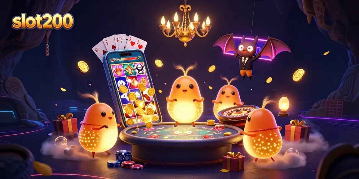 Engage in slot200's vibrant casino adventure with glowing glowworms and a bat dealer in this dynamic 3D scene.