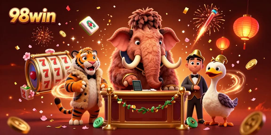 Experience the excitement of 98win with a vibrant 3D casino scene featuring a woolly mammoth bouncer and VIP guests.