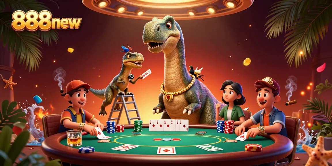 Engage in dynamic poker action with 888new featuring playful dinosaur characters and vibrant casino elements.