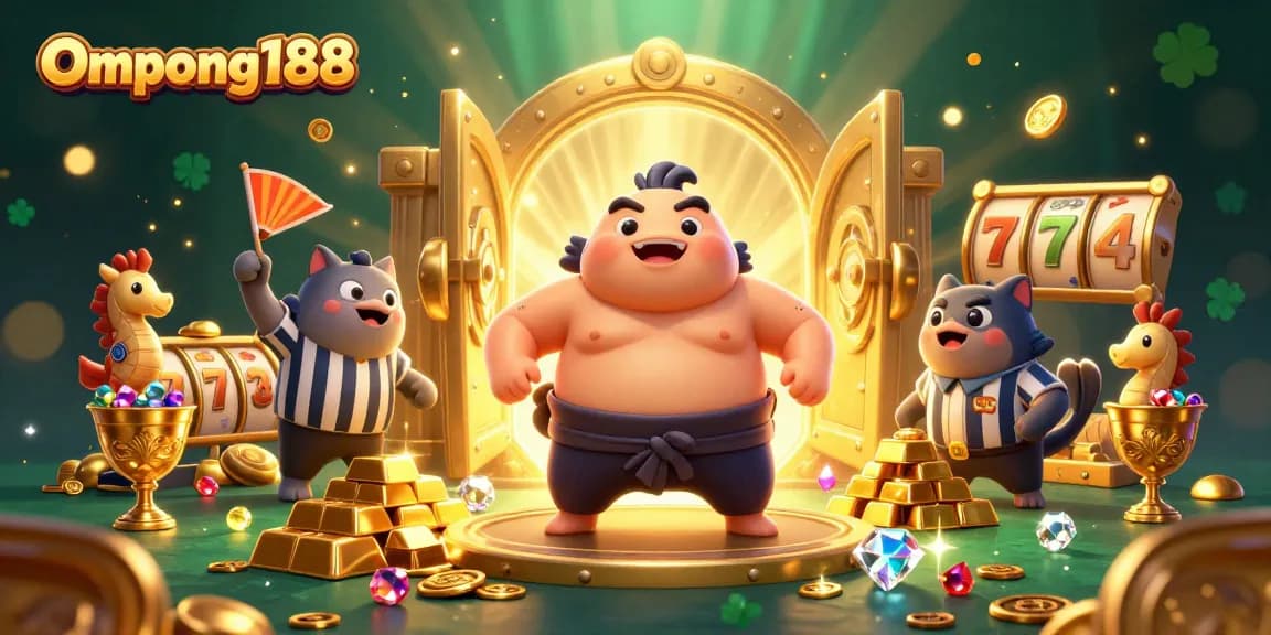 Ilustrasi 3D Ompong188 menampilkan ikan fugu besar dalam pertandingan judi, dikelilingi koin emas dan harta karun.