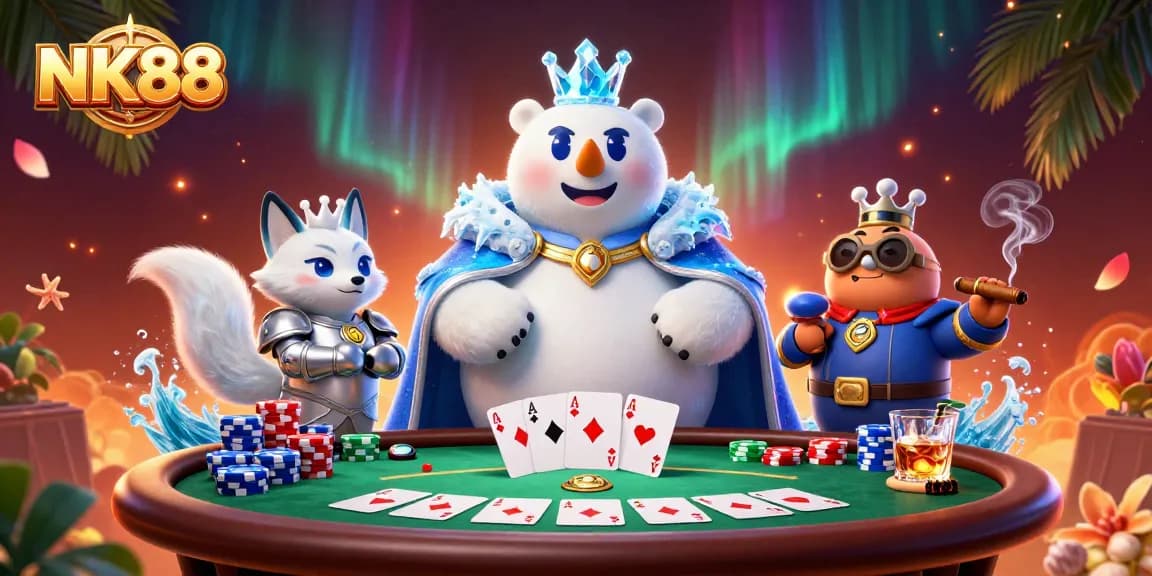 Engage with NK88 as cartoon characters enjoy poker action amidst vibrant casino elements.