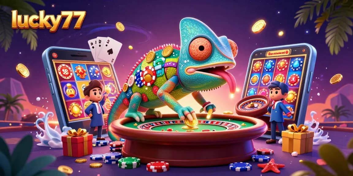 Experience the excitement of lucky77 with a vibrant casino scene featuring a chameleon owner and dynamic game elements.