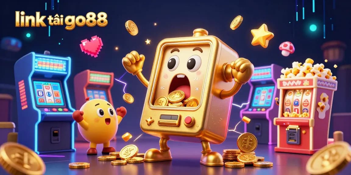 Experience excitement with link tải go88 as golden slot machines celebrate a jackpot amidst vibrant casino elements.
