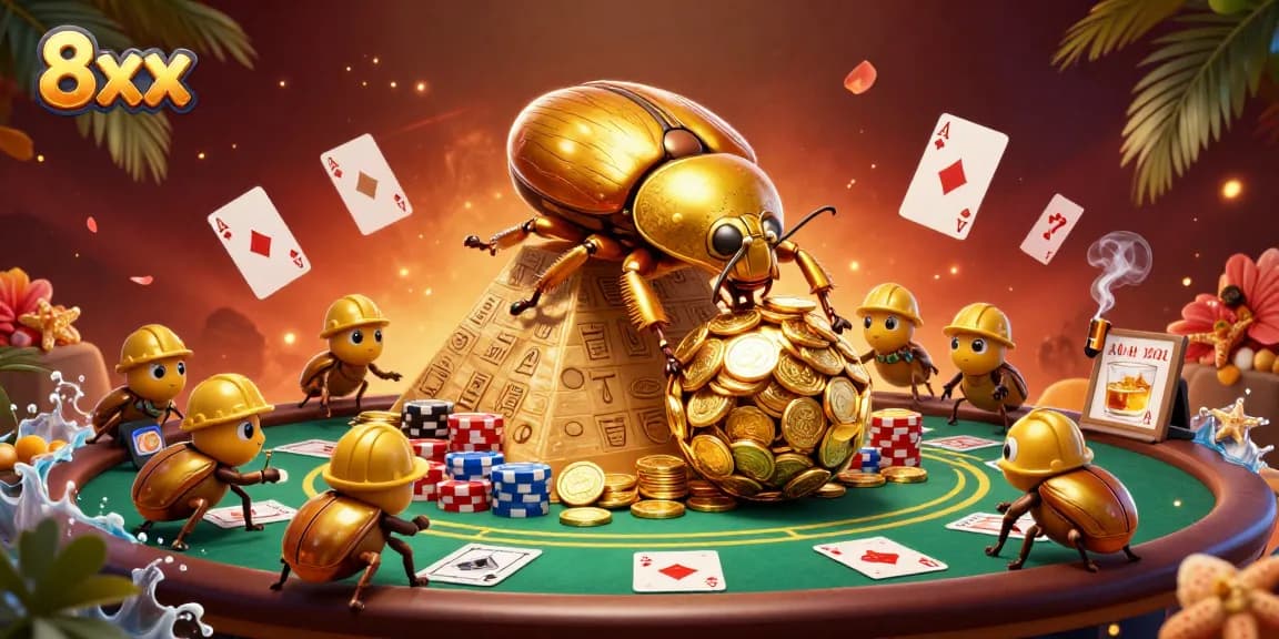 Engage in thrilling gaming action with 8xx and golden casino symbols in a vibrant 3D scene.