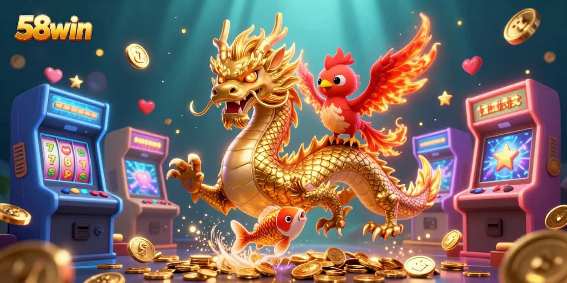 Experience winning thrills at 58win with a golden dragon, coins, and arcade gaming elements.