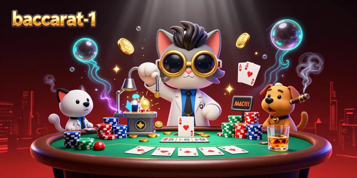 Play baccarat-1 with a thrilling scene of mad scientist cat and assistant in a vibrant casino.