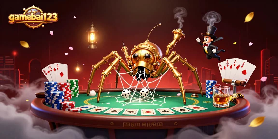 Win at gamebai123 with a captivating 3D casino illustration featuring lively characters and poker elements.