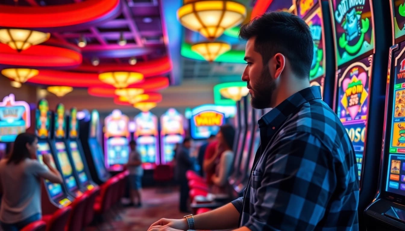 Engaging scene of slot gambling, with players enjoying colorful slot machines in a lively casino.