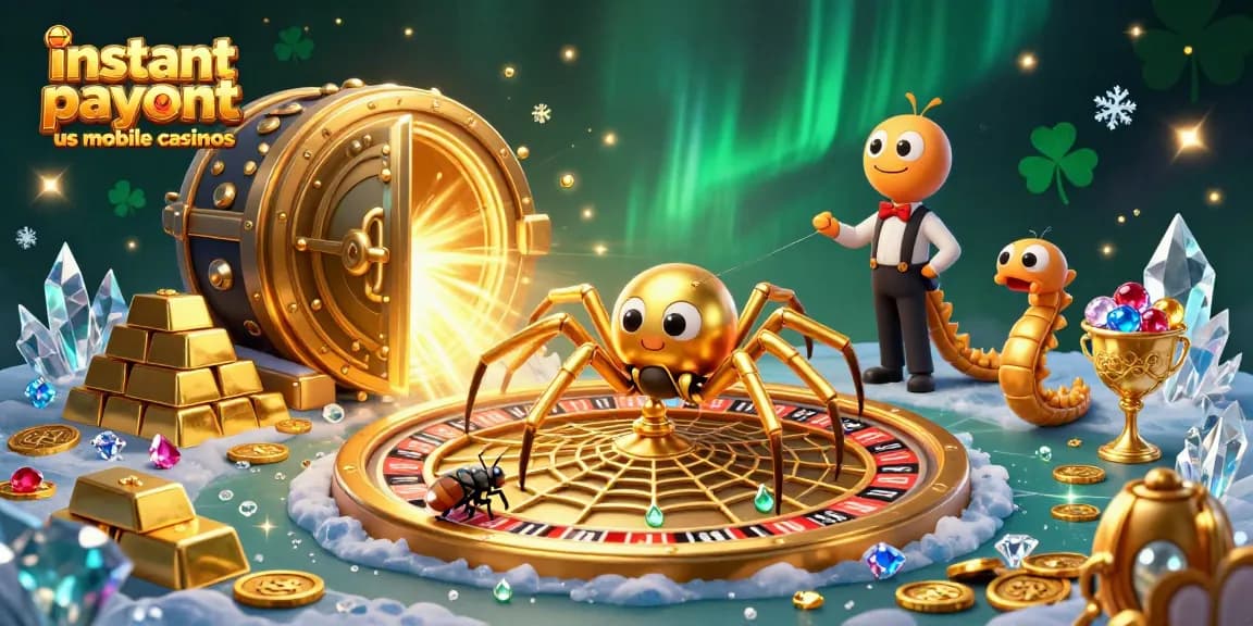 Engage with instant payout us mobile casinos featuring a golden spider and roulette web illustration in a dynamic scene.