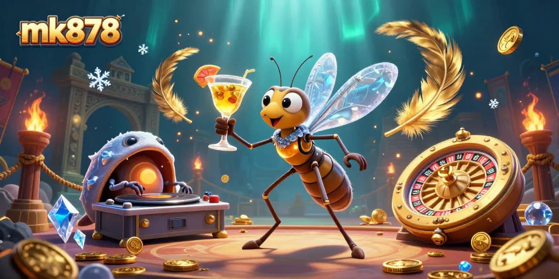 Experience thrilling entertainment at mk878 with a unique casino scene featuring a frozen mosquito mascot, trilobite DJ, and a golden roulette wheel.