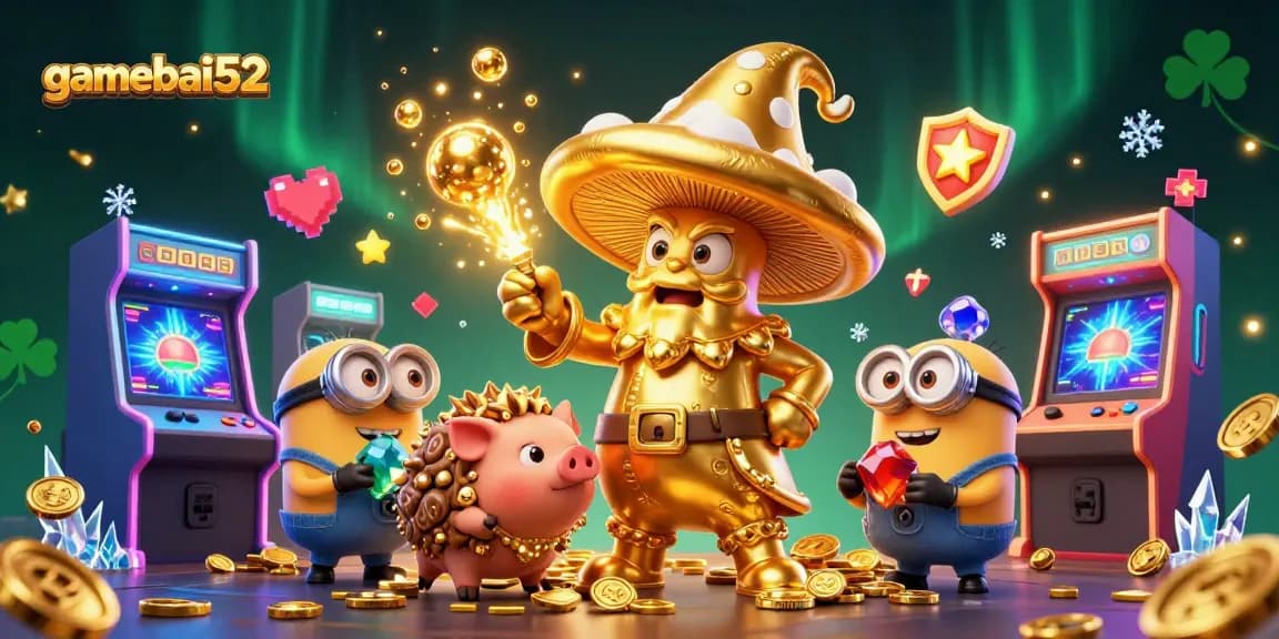 Engage with gamebai52's thrilling casino magic featuring golden wizards and treasures in a dynamic gaming scene.