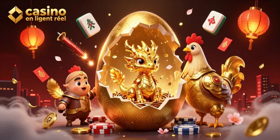 Jouez au casino en ligne argent réel avec un dragon doré et des éléments de poker animés.