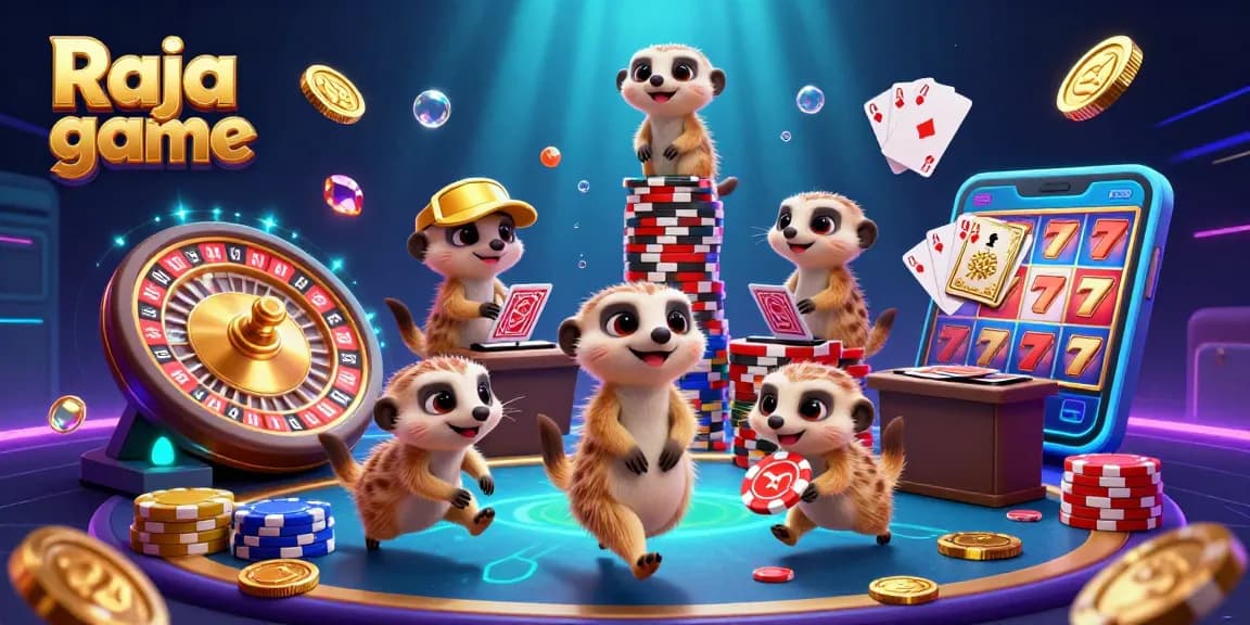 Experience excitement with Raja game as meerkats engage in a vibrant casino operation amidst golden coins and cards.