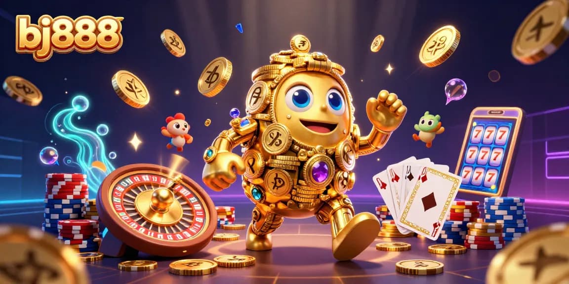 Engage with bj888, the vibrant online casino showcasing a gold coin golem amidst a flurry of casino excitement.