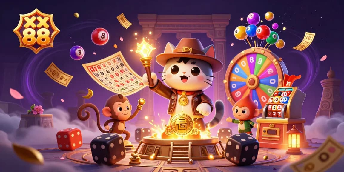 Engage in the excitement of xx 88 as a cat explorer uncovers a golden casino artifact amidst vibrant lottery elements.