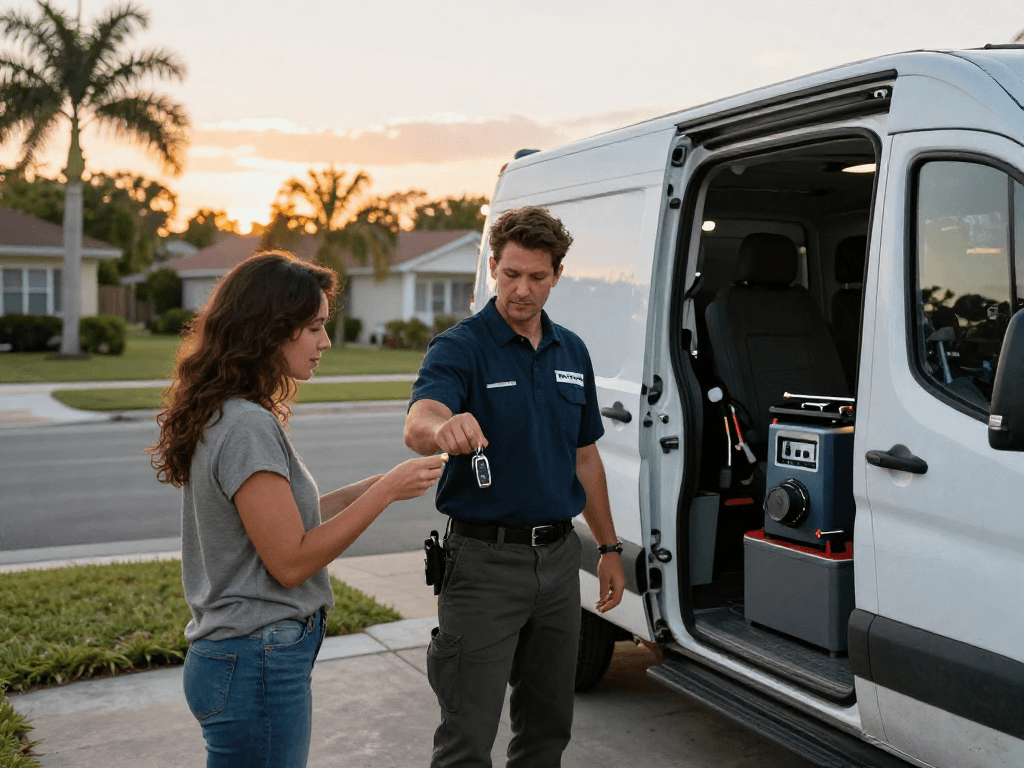 Lost car keys Port St. Lucie scene with a locksmith helping a customer in a driveway.