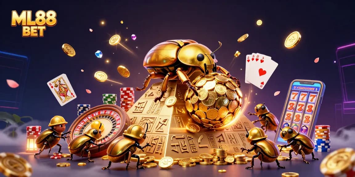 Spin to win with ML88 BET as golden beetles roll treasures in a vibrant casino illustration.