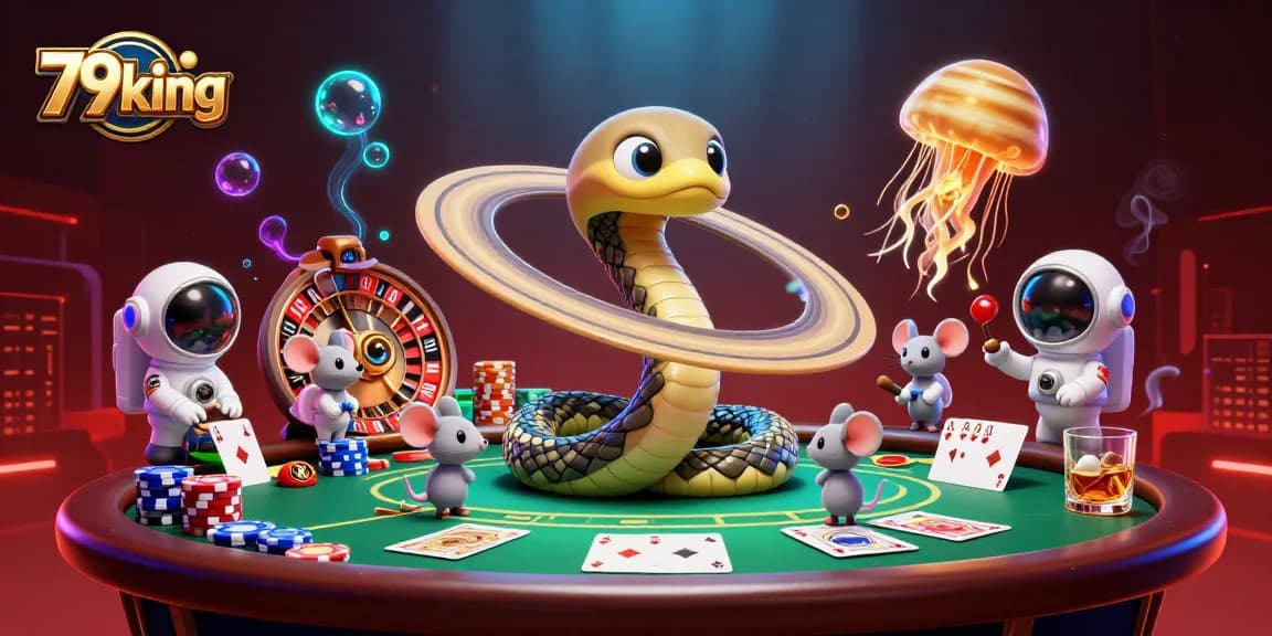 Engage with 79king's thrilling cosmic casino scene featuring betting mice and a jellyfish dealer.