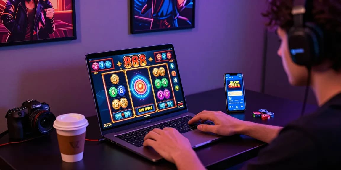 Exciting scene of a player engaging with situs 888 slot machine on a laptop in a vibrant gaming environment.