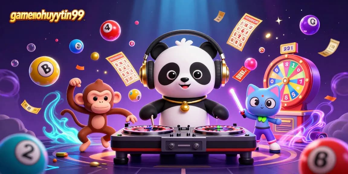 Experience the vibrant excitement of gamenohuuytin99 with DJ panda and glowing kittens at the casino.