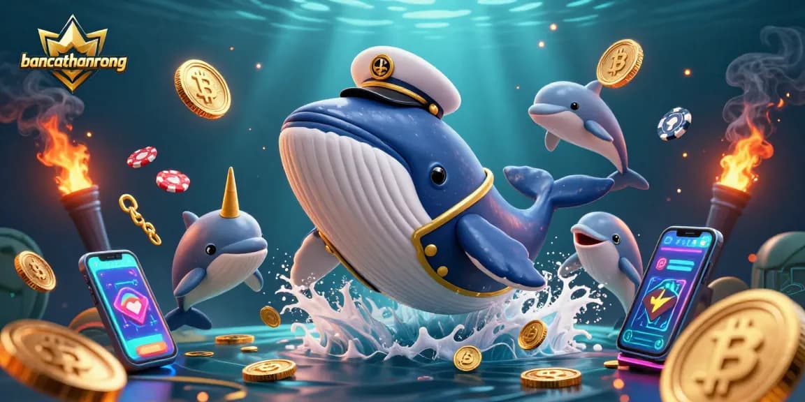 Bancathanrong showcases a vibrant 3D scene of a whale and narwhal among Bitcoin coins.