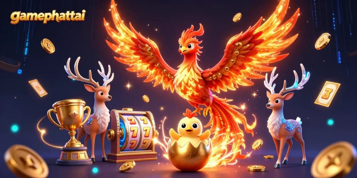 Play the exciting gamephattai and spin the reels with a dynamic 3D illustration featuring winning elements.
