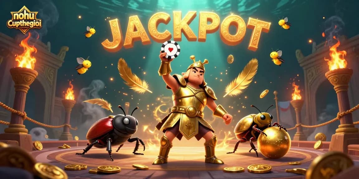 Experience nohu-cupthegioi with a victorious beetle lifting a poker chip in an enchanting casino scene.