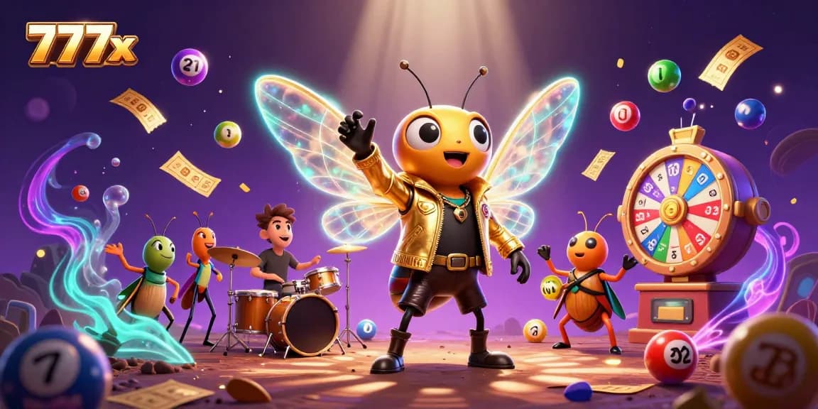 Experience the excitement of 777x with a vibrant casino scene featuring a rock star cicada and dynamic game elements.