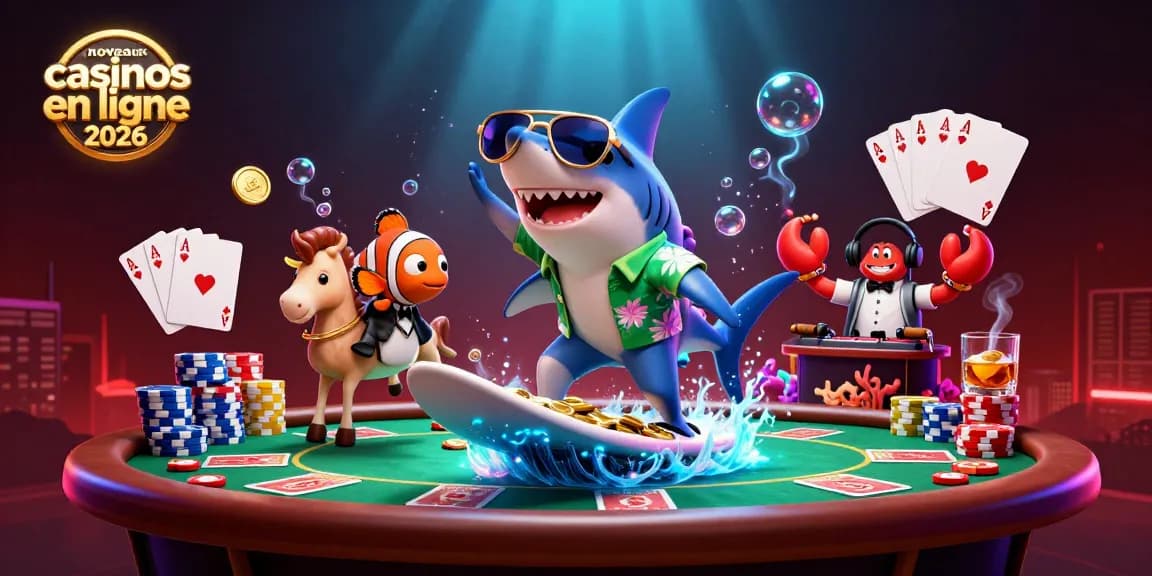 Découvrez les nouveaux casinos en ligne 2026 à travers une scène ludique avec un requin dansant sur des pièces d'or !