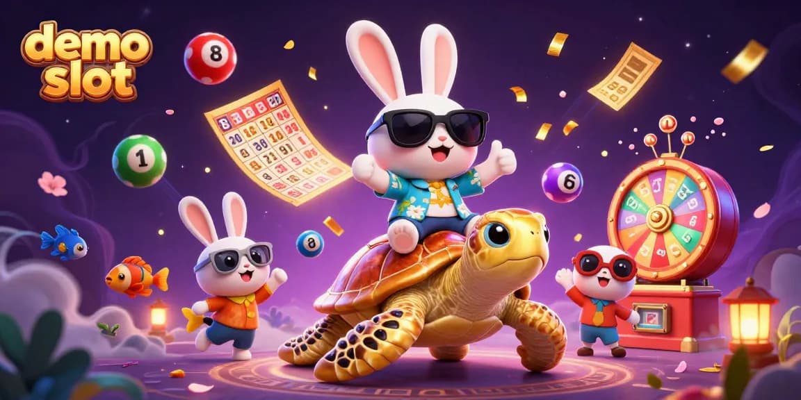 Play demo slot with colorful characters in a whimsical casino scene featuring a lucky rabbit and golden turtle.