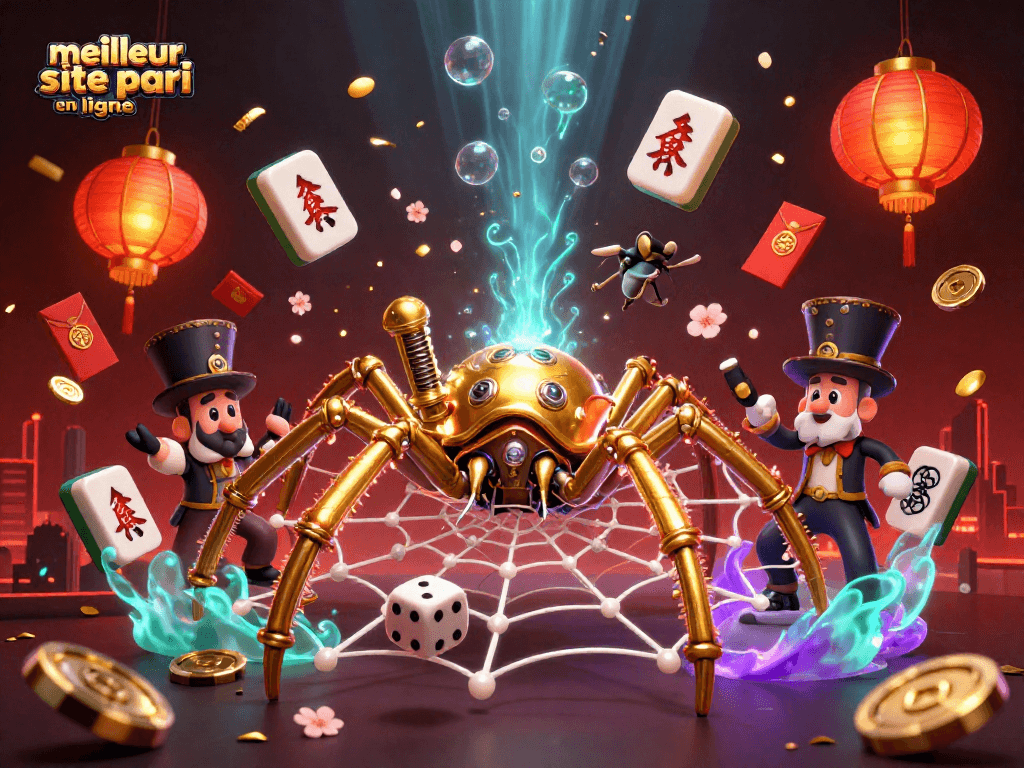 Visualisez le meilleur site pari en ligne avec une araignée steampunk dorée attrapant des dés dans un décor animé.