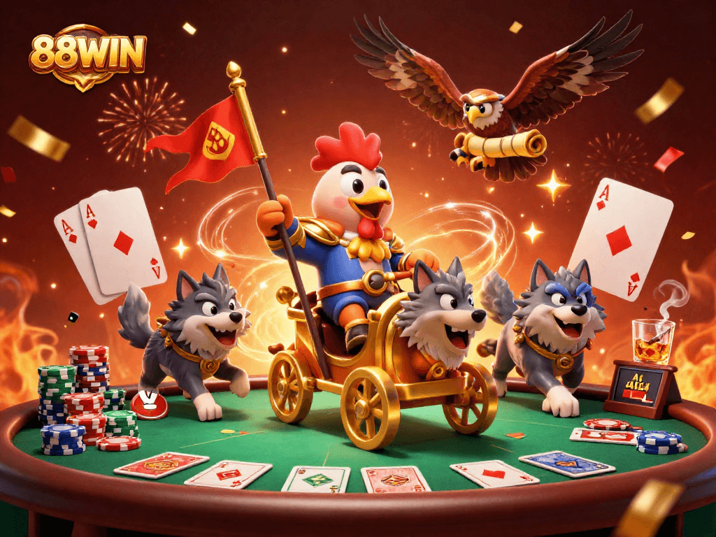 Engage in thrilling poker strategies with 88WIN, featuring vibrant chariots, poker elements, and dynamic warriors.