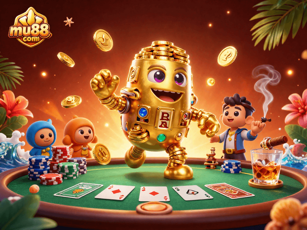 Experience excitement at mu88com's golden casino with poker and vibrant gaming energy.