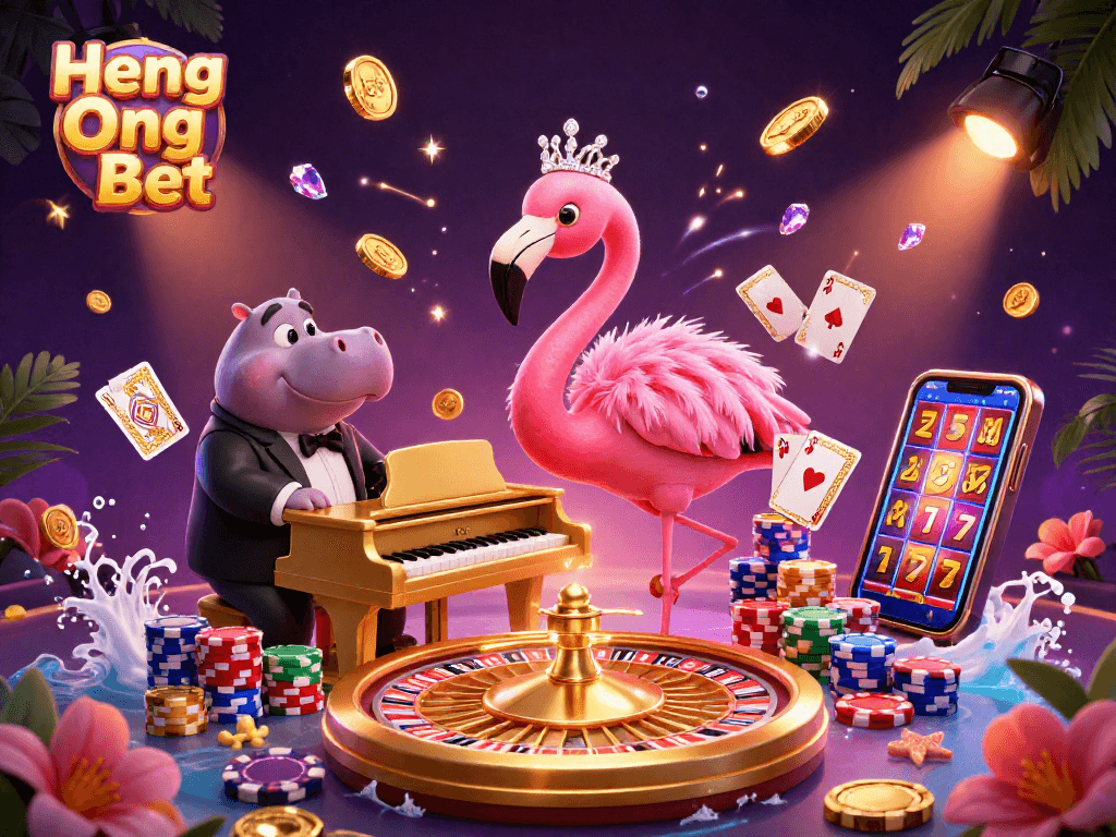 Experience Heng Ong Bet with a vibrant 3D casino scene featuring interactive characters and gaming elements.