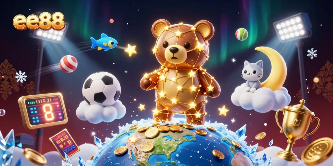 ee88 showcases a dazzling 3D casino scene with vibrant characters and dynamic sports betting elements.
