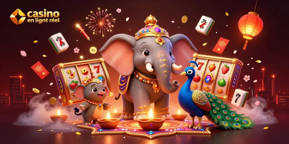 Jouer dans un casino en ligne argent réel : Éléphant coloré avec un paon au milieu d'une explosion de jeux.