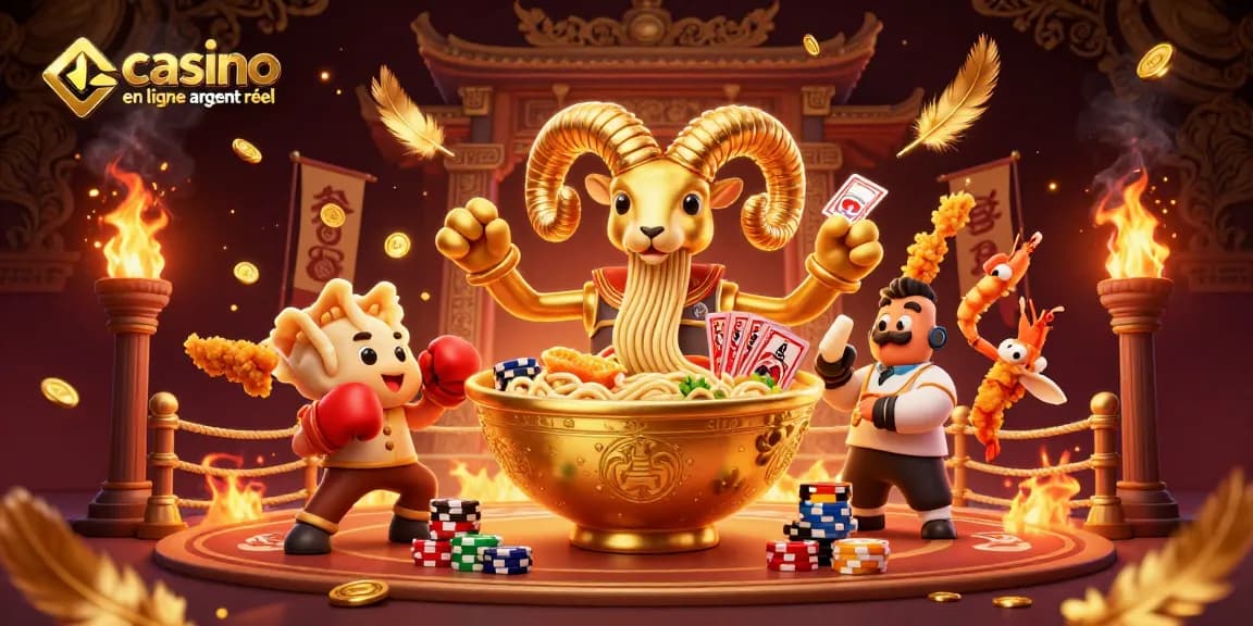 Image d'une scène dynamique représentant un casino en ligne argent réel avec un ramen géant, des cartes et des jetons.