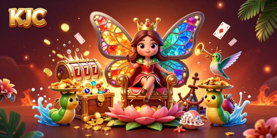 KJC showcases a vibrant casino scene featuring a butterfly queen with flower throne and colorful gem elements.