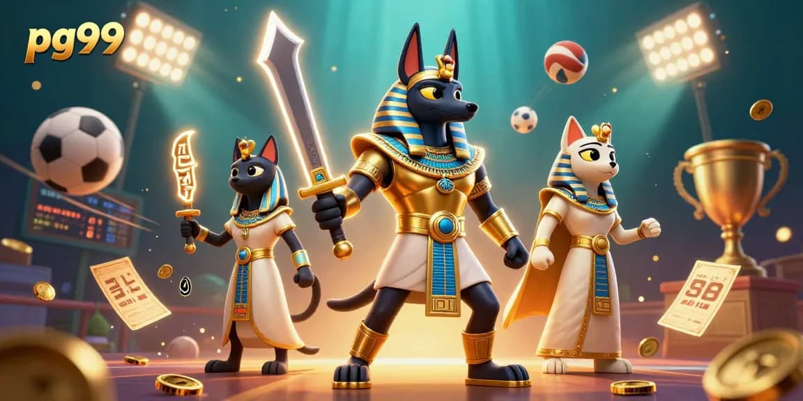 Experience the excitement of pg99 with ancient Egyptian characters and dynamic gambling elements in a vibrant 3D scene.