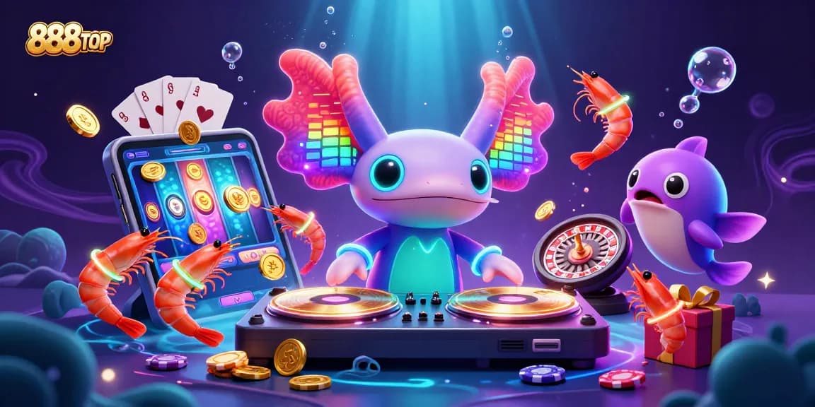 Experience the vibrant world of gaming at 888TOP with a DJ axolotl and thrilling slot visuals.