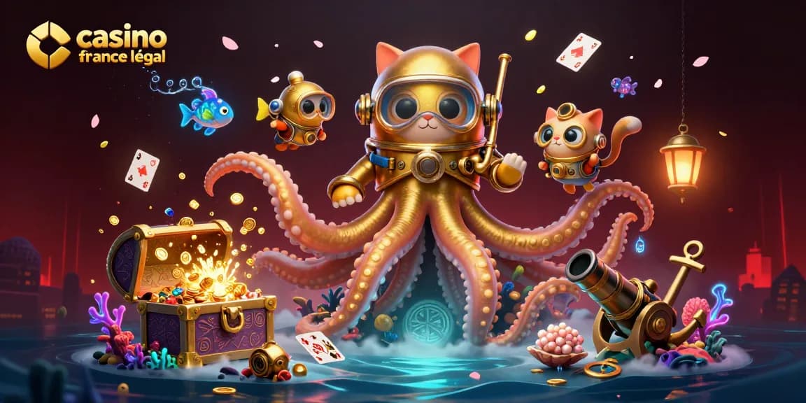 Jouez dans un casino en ligne France légal avec un kraken et des animaux marins animés dans un océan de trésors.